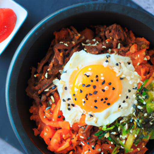 Bibimbap s kimchi a hovězím.