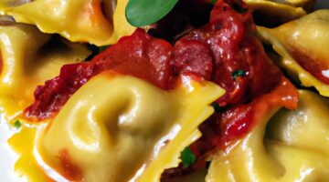 Ravioli s bramborem a řízkem.